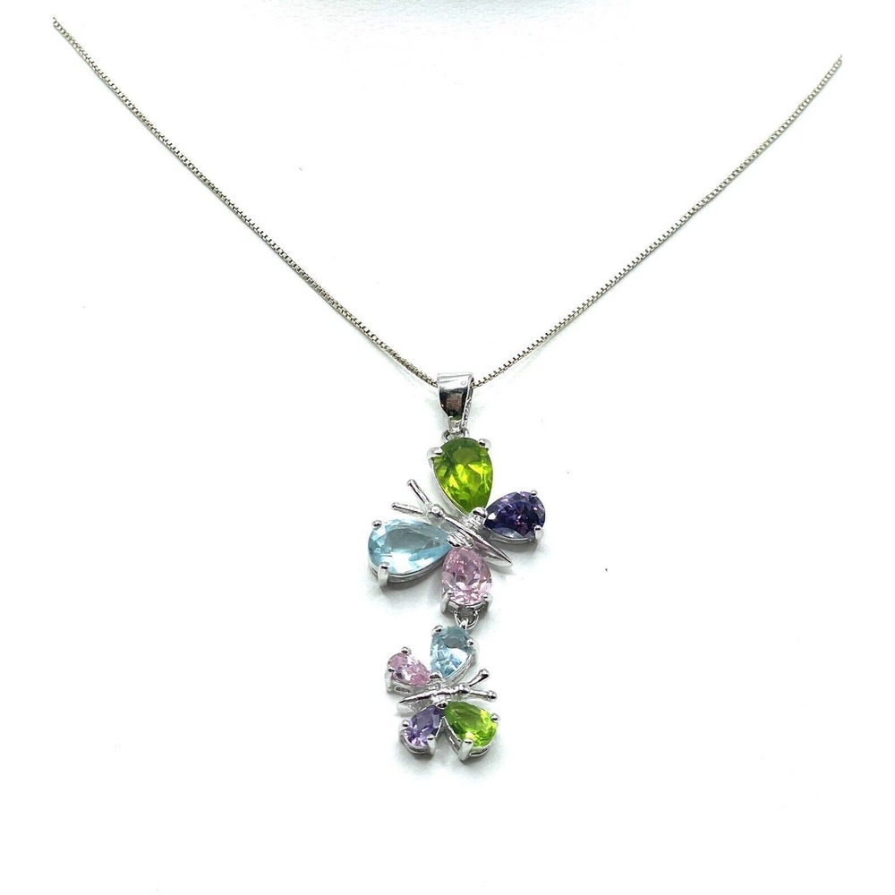 Silver 925 Pastel Colorful Crystal Dangle Sparkling Butterflies Necklace Y2K